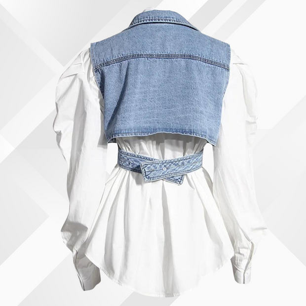 Nelia - Denim-Weste und Bluse mit Puffärmel